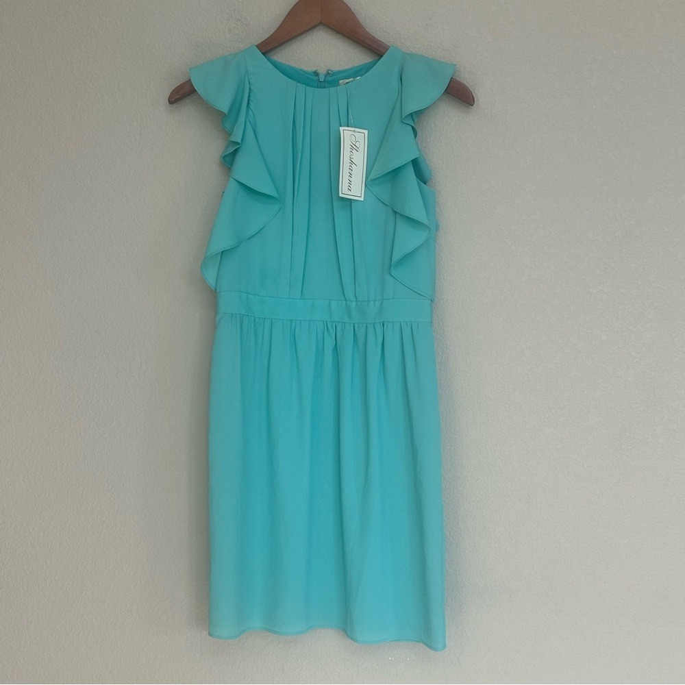 NWT Shoshanna Aqua Blue Green Dress Women’s 0 Sheath‎ A-Line Ruffle Pleated - Picture 2 of 10